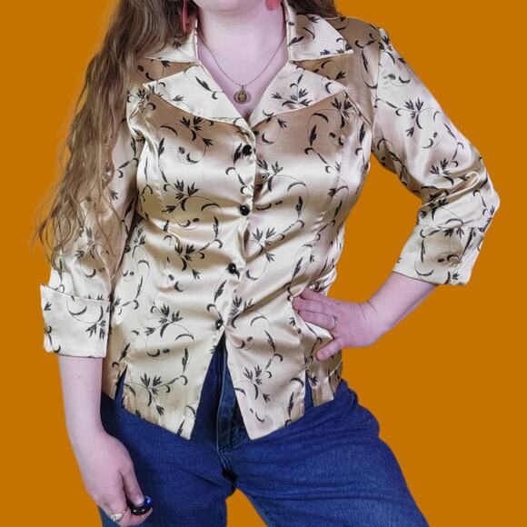 Dressbarn Satin Gold and Black Button Up Blouse, M - Picture 1 of 9